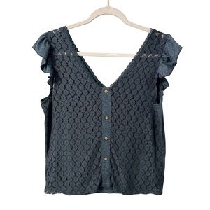 SHEIN Slate Teal Blue Lace Flutter Sleeve V-Neck Camisole